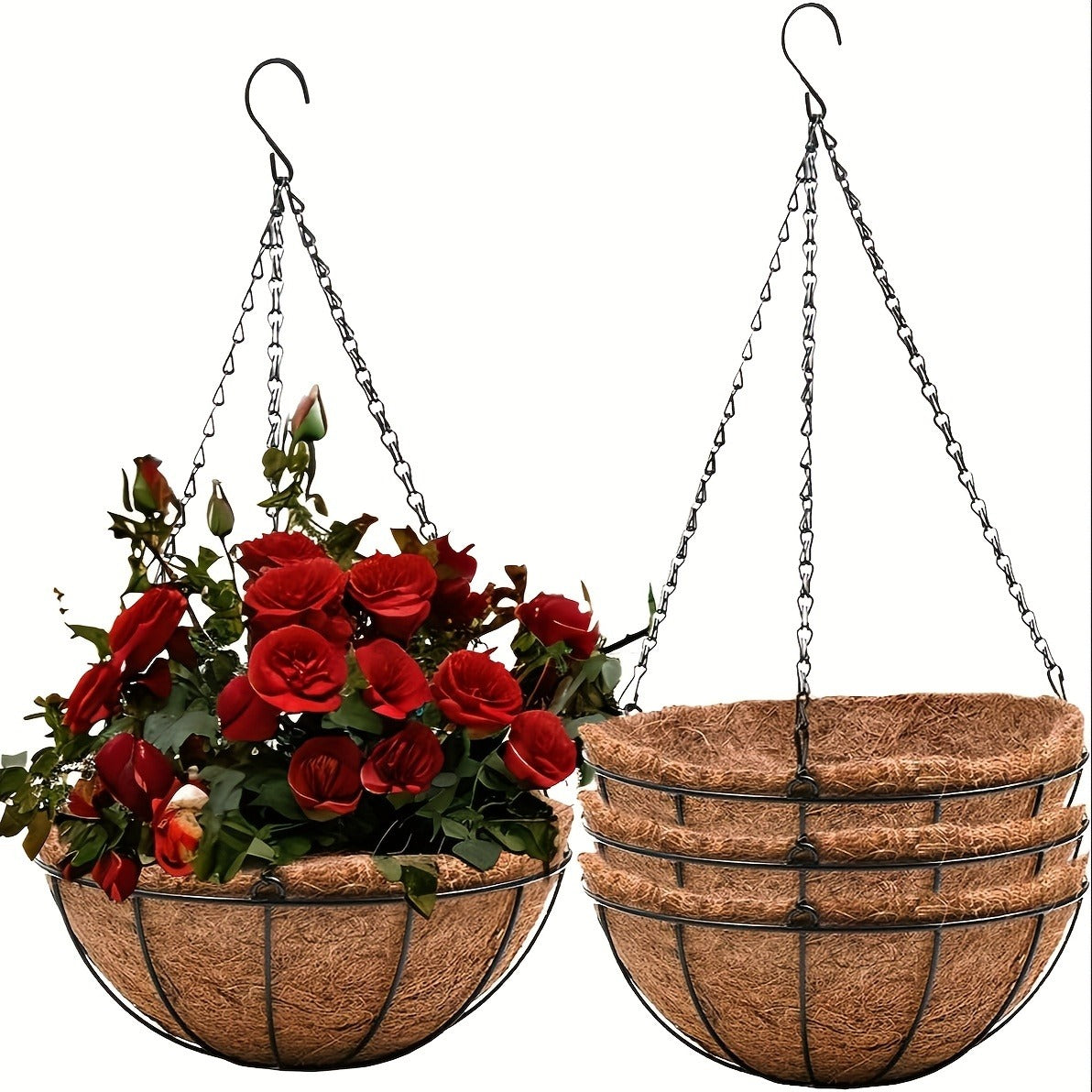 Hanging Flower Basket Set of 3 – Rust-Proof Metal Chain, 10 Inch Coco Liner, Indoor Outdoor Porch Balcony Garden Planter