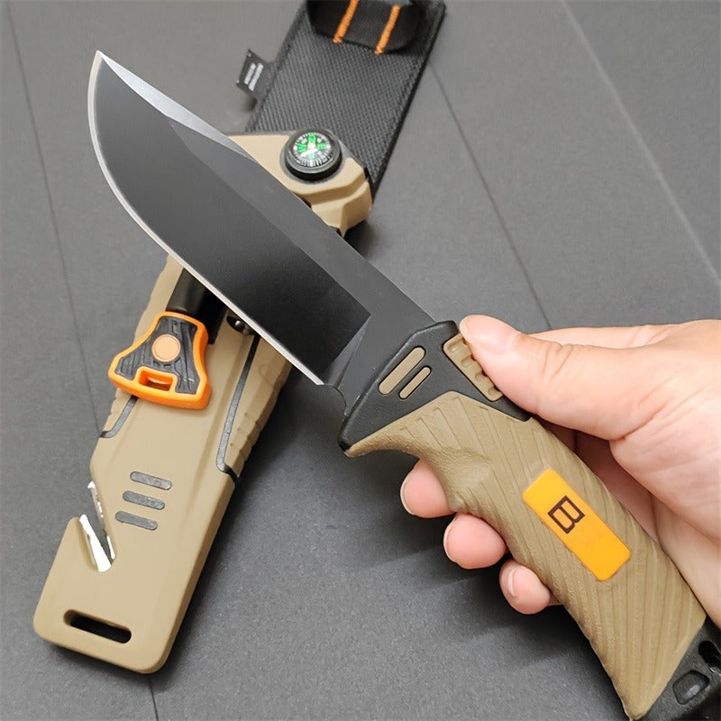 Fixed Blade Outdoor Camping Knife 9.64 Inch Stainless Steel, Survival Hunting Knife with Flint Fire Starter Night Light Sharpener Safety