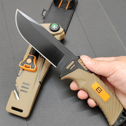 Fixed Blade Outdoor Camping Knife 9.64 Inch Stainless Steel, Survival Hunting Knife with Flint Fire Starter Night Light Sharpener Safety