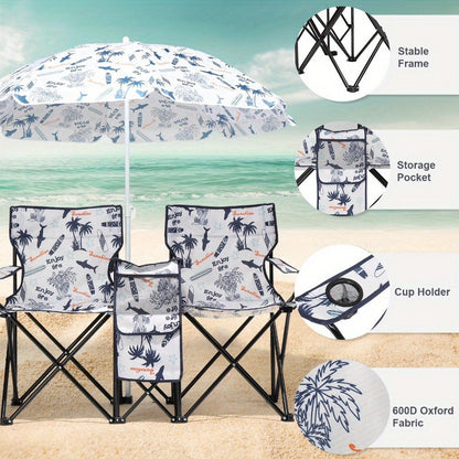 Folding Fishing Chair with Sun Umbrella – 2-Seat Portable Outdoor Chair, Iron Alloy Frame & Oxford Fabric, Built-In Storage Bag & Carry Bag