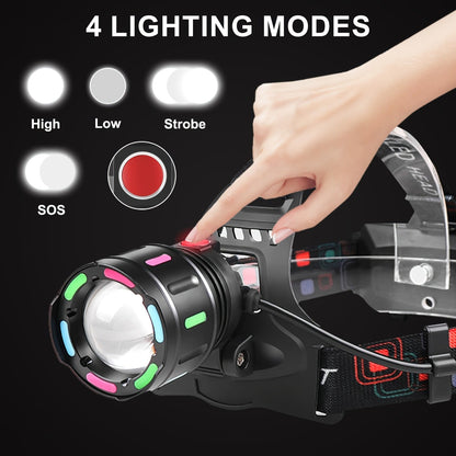 2000LM-Labeled Rechargeable Zoom Headlamp with Four Modes, 400m Beam Label, Rear Red Lamp and 90° Tilt