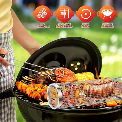 Rolling Grill Basket Stainless Steel 2-Pack, Cylinder BBQ Basket with Hook & Fork for Vegetables
