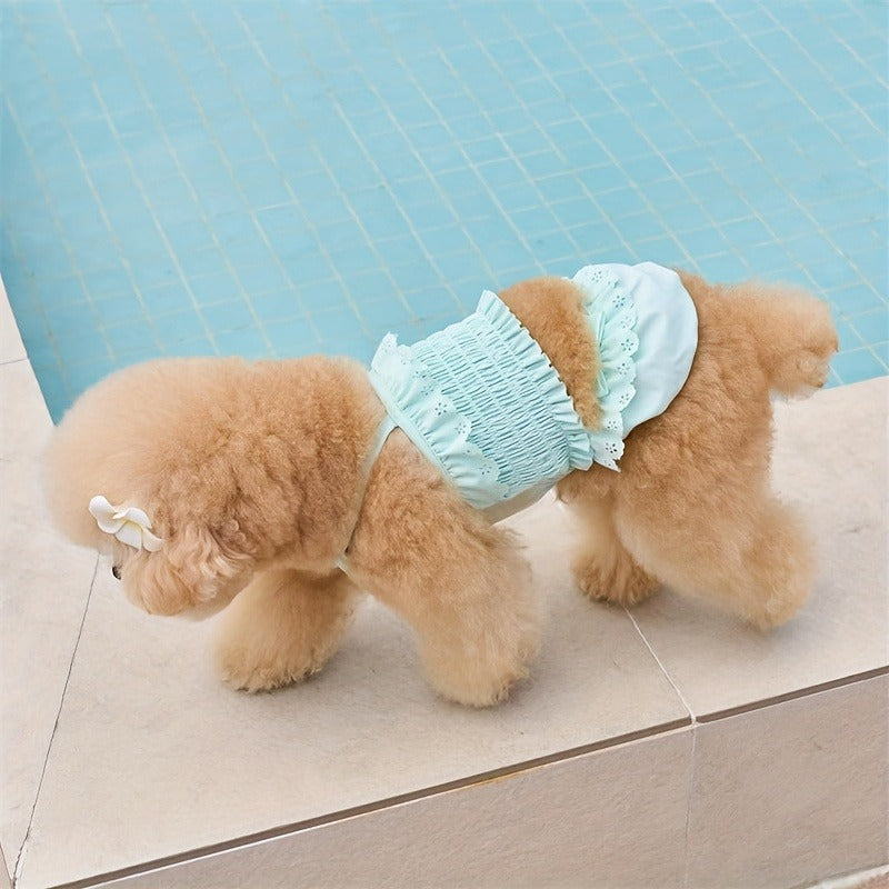 Dog Swimsuit Sky Blue Jumpsuit with Swim Cap – Pet Beach Vacation Outfit Bikini Vest for Dogs & Cats, Summer Swimming Costume