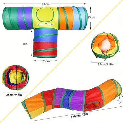 Collapsible Cat Tunnel Toy – Foldable S-Shaped & 3-Way Tube with Ball & Peek Holes, Rainbow Colors, Connectable Cat Play Tunnel for Indoor