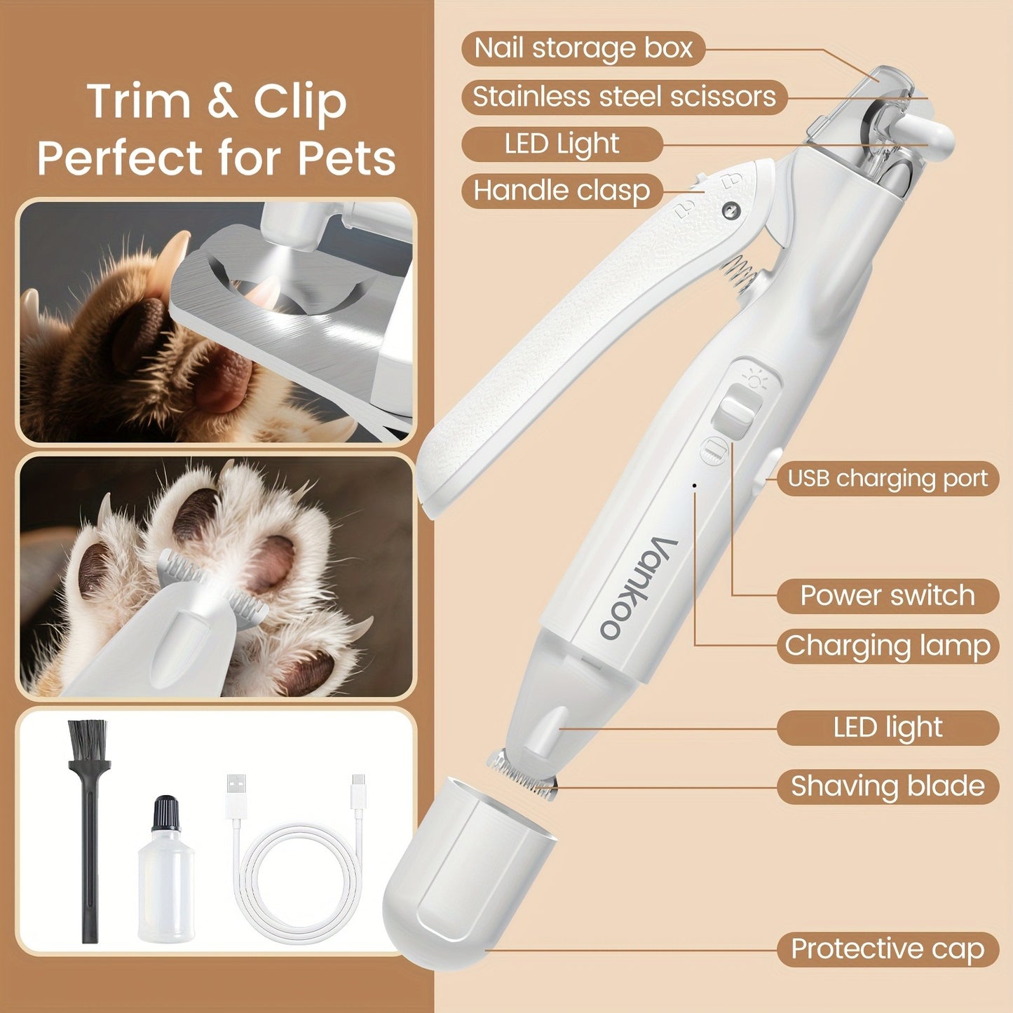 2-in-1 Pet Grooming Clipper with LED Light – Rechargeable Nail Cutter & Paw Hair Trimmer for Dogs & Cats | Precision Trimming for Paws