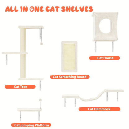 Cat Wall Shelves 5-Piece Set – Wall-Mounted Cat Furniture with Floating Perch, Cat Climber, Bridge & Cat Bed