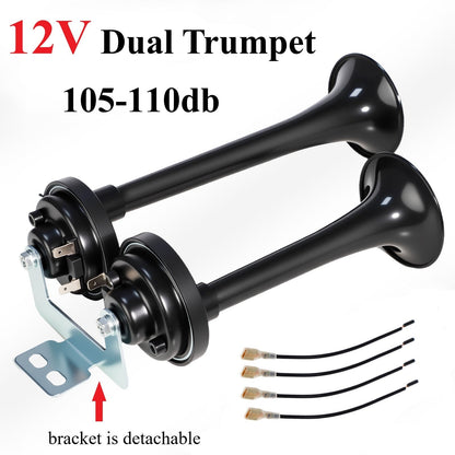 Dual Air Horn Kit 12V/24V 105-137dB with Air Compressor – Super Loud Aluminum Alloy Trumpet Horn for Truck, Train, SUV, Motorcycle