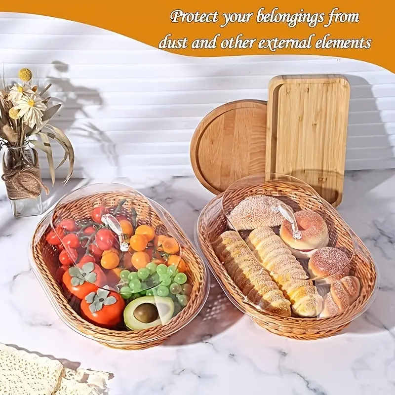 Wicker Bread Basket with Clear Acrylic Lid Rattan Storage Basket Washable Food Tray for Bread Fruit Desserts Kitchen Picnic Home Display