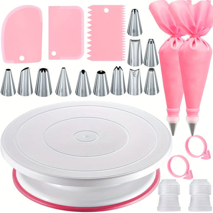 Cake Decorating Set 22-Piece with Rotating Turntable Stand, Stainless Steel Piping Tips, Pastry Bags