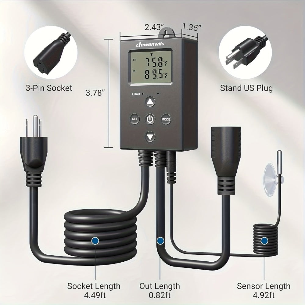 Digital Temperature Controller Thermostat Outlet Heating Cooling Mode 14°F-140°F LCD Display Buzzer for Garden, Patio and Yard Use