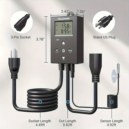 Digital Temperature Controller Thermostat Outlet Heating Cooling Mode 14°F-140°F LCD Display Buzzer for Garden, Patio and Yard Use