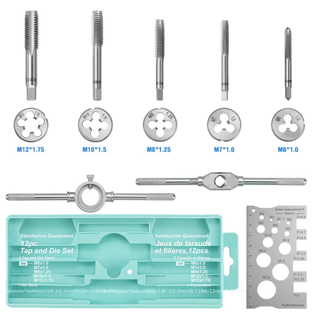 Tap and Die Set Metric, 12-Piece & 40-Piece M3-M12 Thread Plug Straight Taper with Pitch Calipers & Wrench