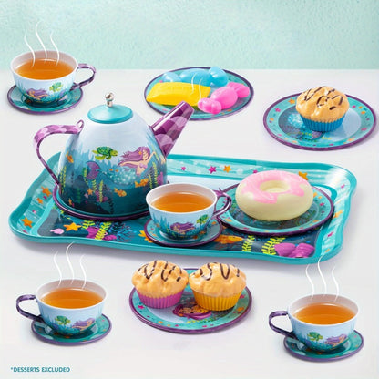 Mermaid Tea Party Set for Girls 21pcs, Tin Teapot, 4 Cups, Saucers, Plates & Carrying Case, Pretend Play Kitchen Toy for Toddlers