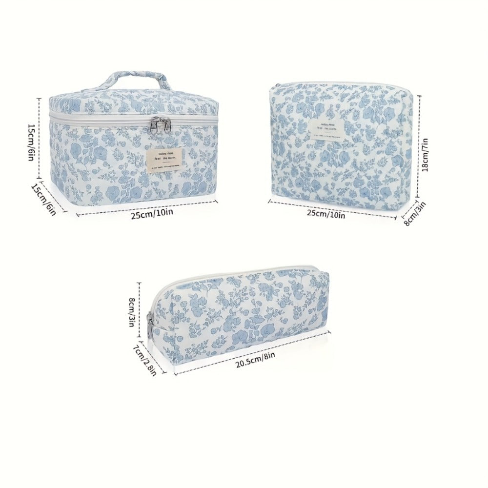 Quilted Makeup Bag Set 3 Pcs Floral Pattern Large Capacity Travel Cosmetic Organizer with Gold Zipper – Polyester Skincare Toiletry Pouch