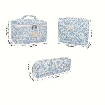 Quilted Makeup Bag Set 3 Pcs Floral Pattern Large Capacity Travel Cosmetic Organizer with Gold Zipper – Polyester Skincare Toiletry Pouch