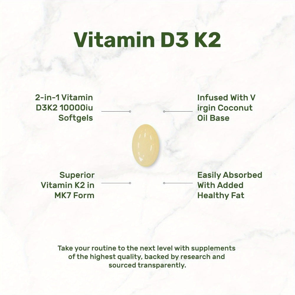 Vitamin D3 K2 MK-7 300 Softgels Value Size, 10000 IU D3 + 200mcg K2 with Extra Virgin Coconut Oil for Bone Density Immune & Heart Health