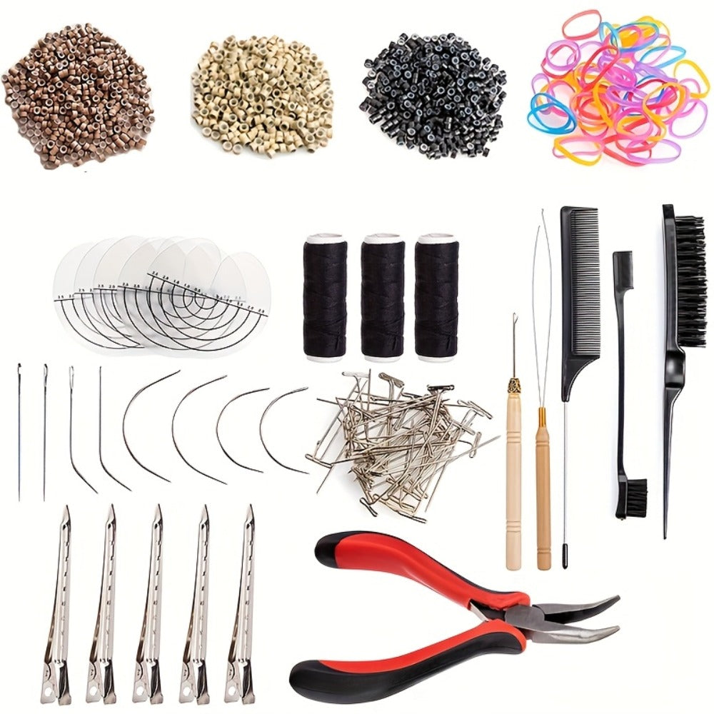 Micro Ring Hair Extension Tools Kit 1500 Rings – Complete Set with Plier, Crochet Hook, Needles, Threader, Rubber Bands, Clips