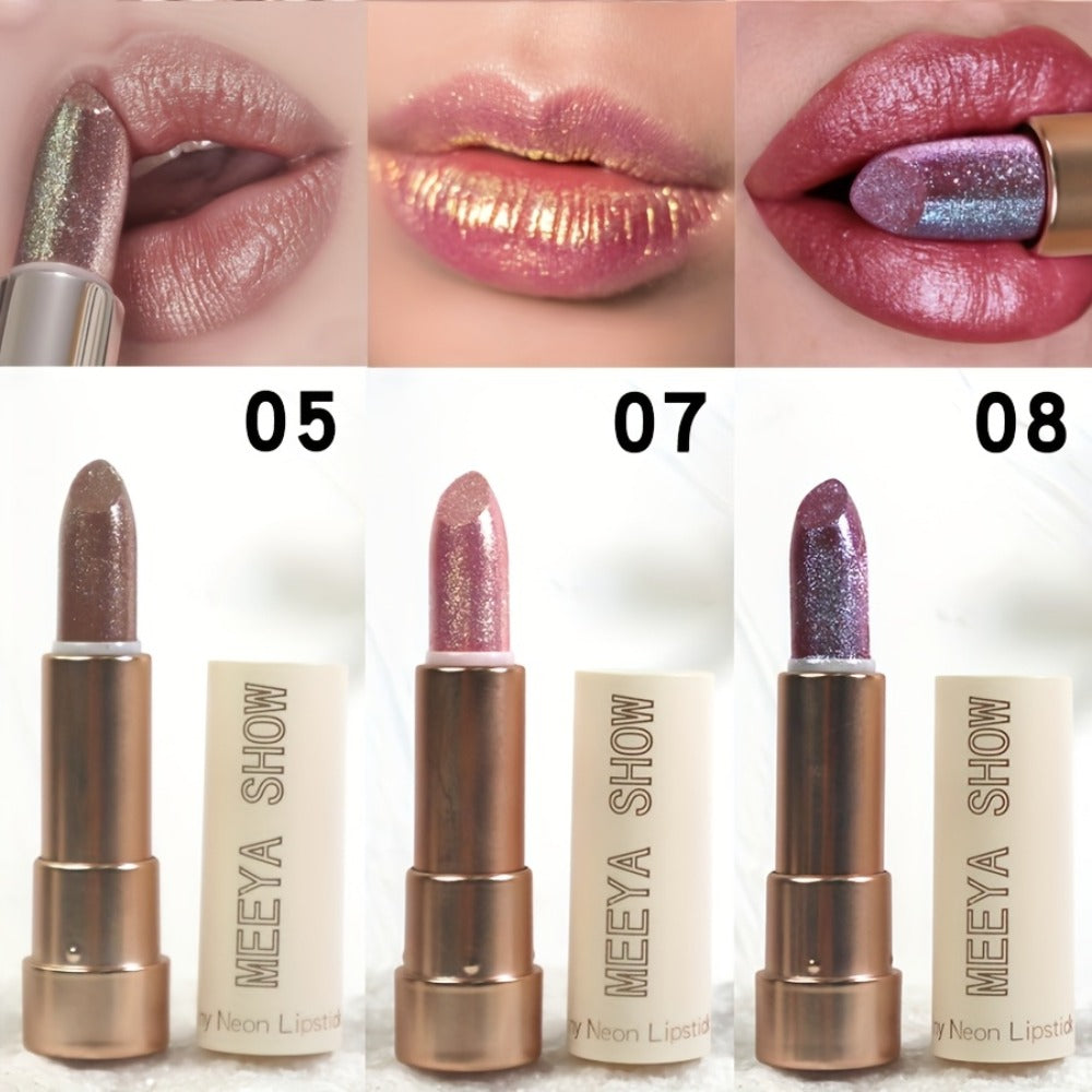 Glitter Shimmer Lipstick Set 3Pcs Pearlescent Pinkish Golden Creamy Glossy Sparkle Lip Gloss Lip Makeup for Party Stage Cosplay Festival