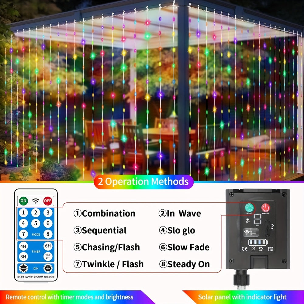 Solar Curtain Lights Outdoor 300 LED Waterfall Fairy String Lights with 8 Modes Remote for Entryways, Bedrooms and Living Spaces