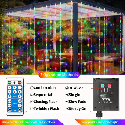 Solar Curtain Lights Outdoor 300 LED Waterfall Fairy String Lights with 8 Modes Remote for Entryways, Bedrooms and Living Spaces