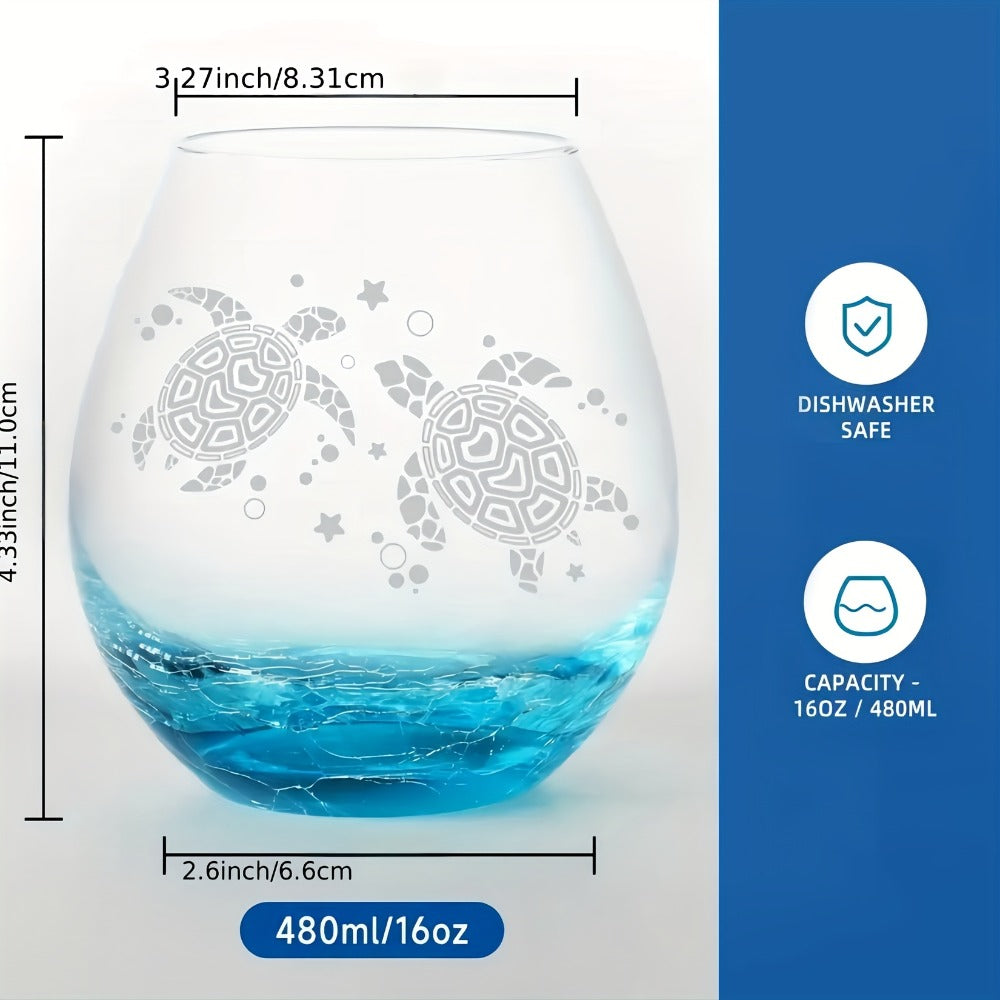 Sea Turtle Wine Glass Hand Etched Stemless 16oz Turquoise Crystal Glass Cup – Unique Wine for Home Cooking, Dining and Outdoor Meals