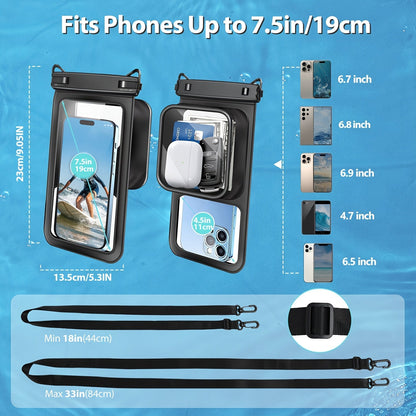 Waterproof Phone Pouch 2-Pack Double Layer Black & Cyan – PVC Dry Bag for Swimming, Rafting & Water Sports, Fits Up to 7.5"