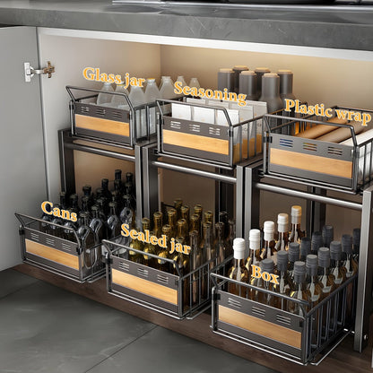 Two-Tier Pull-Out Cabinet Organizer with Dual Wire Baskets, 17.71 x 13.98 x 10.24 Inch Frame in Black or White