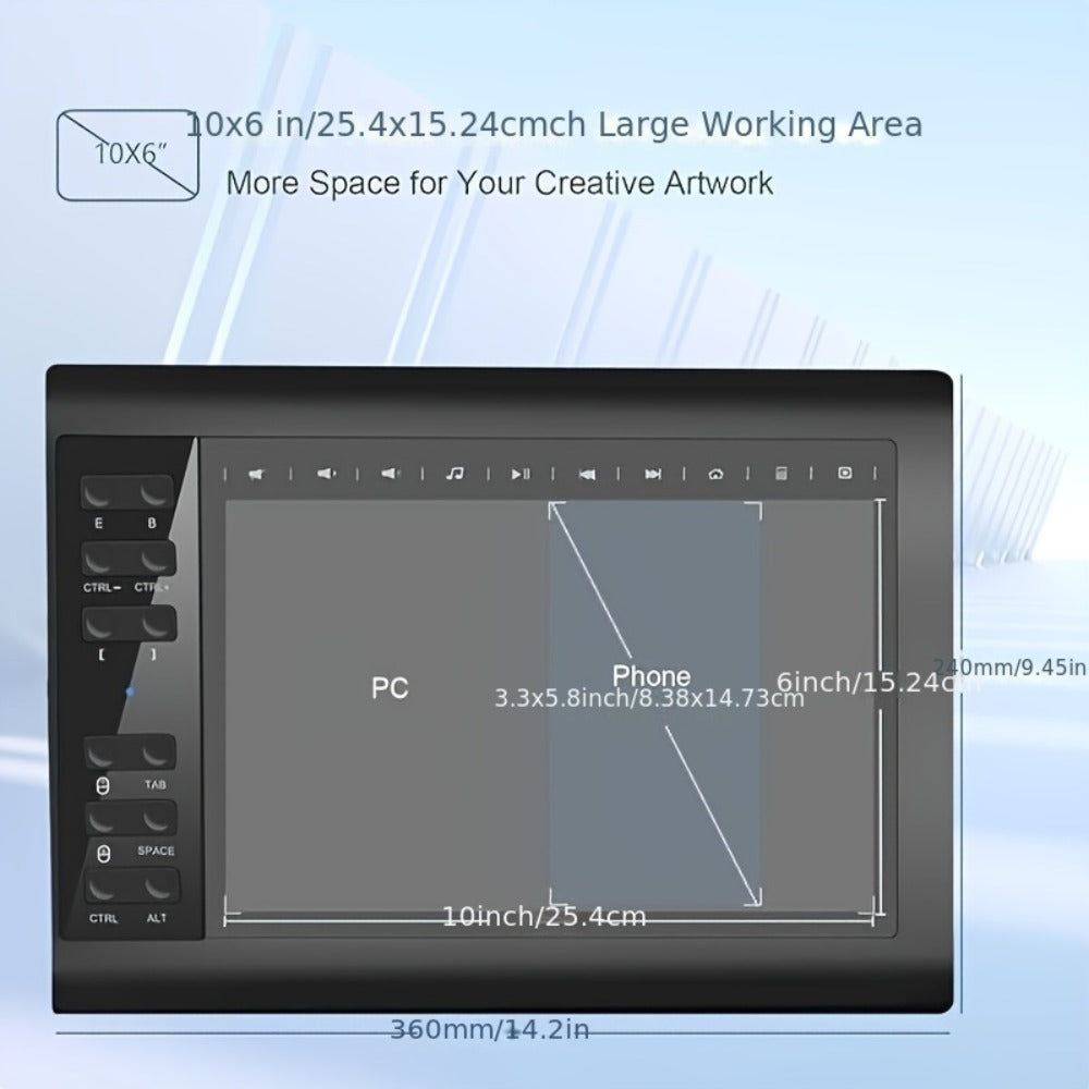 Graphics Drawing Tablet 10x6 Inch, 8192 Levels Pressure Sensitivity Battery-Free Stylus, 12 Programmable Shortcut Keys