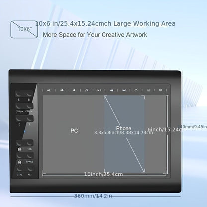 Graphics Drawing Tablet 10x6 Inch, 8192 Levels Pressure Sensitivity Battery-Free Stylus, 12 Programmable Shortcut Keys