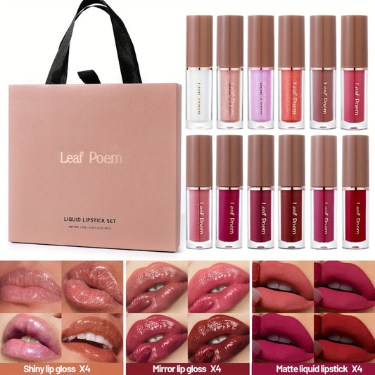 12-Piece Velvet Matte Lipstick Set Mirror Finish Waterproof High Pigment, for Makeup, Travel and Everyday Vanity Use