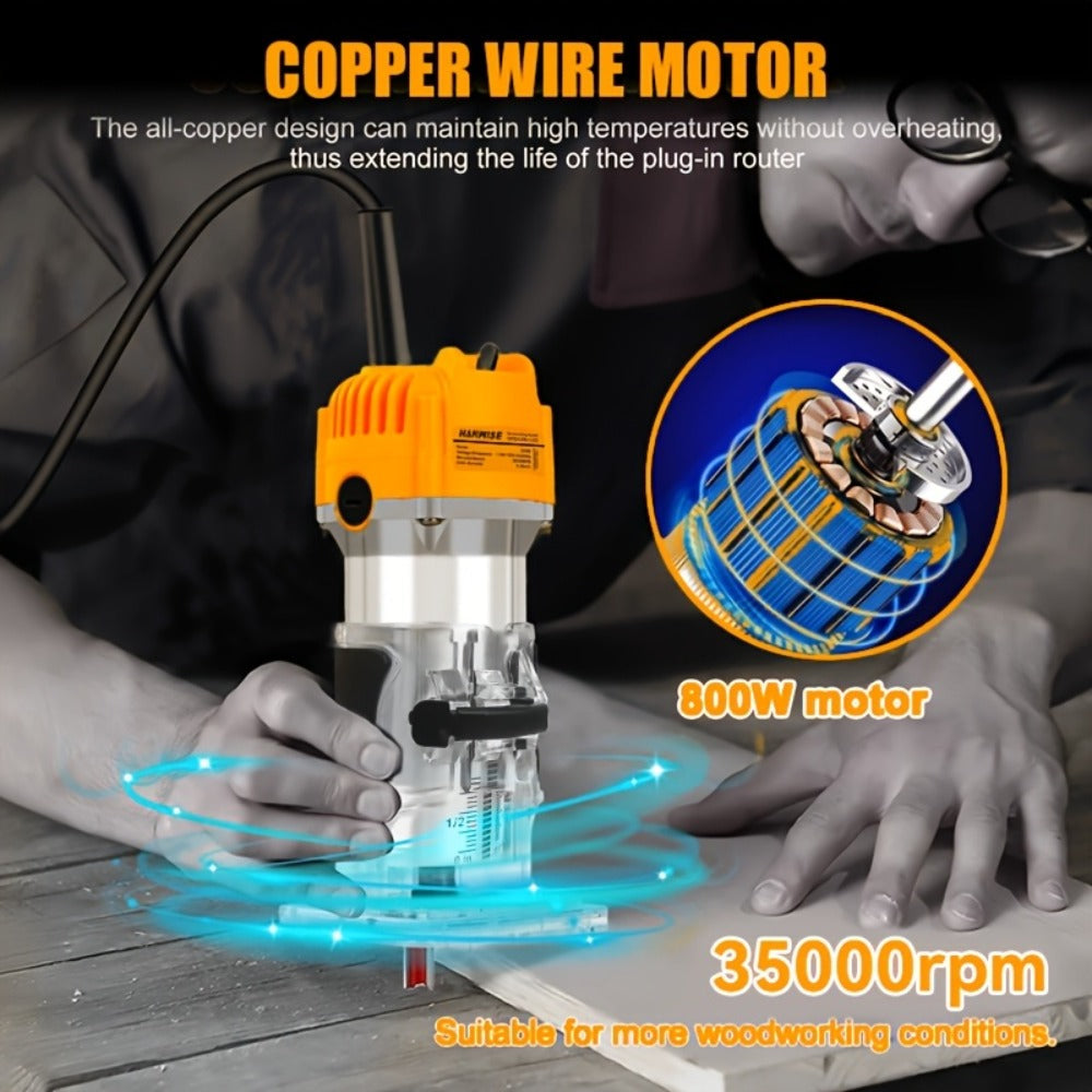 Wood Router 800W 35000 RPM Compact Electric Router Tool, 15-Piece 1/4" Bit Set for DIY Woodworking