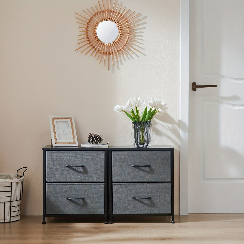Nightstand with 2 Storage Drawers, 20" Bedside Table with Wooden Top & Fabric Cabinet, Steel Frame Mini Dresser for Bedroom