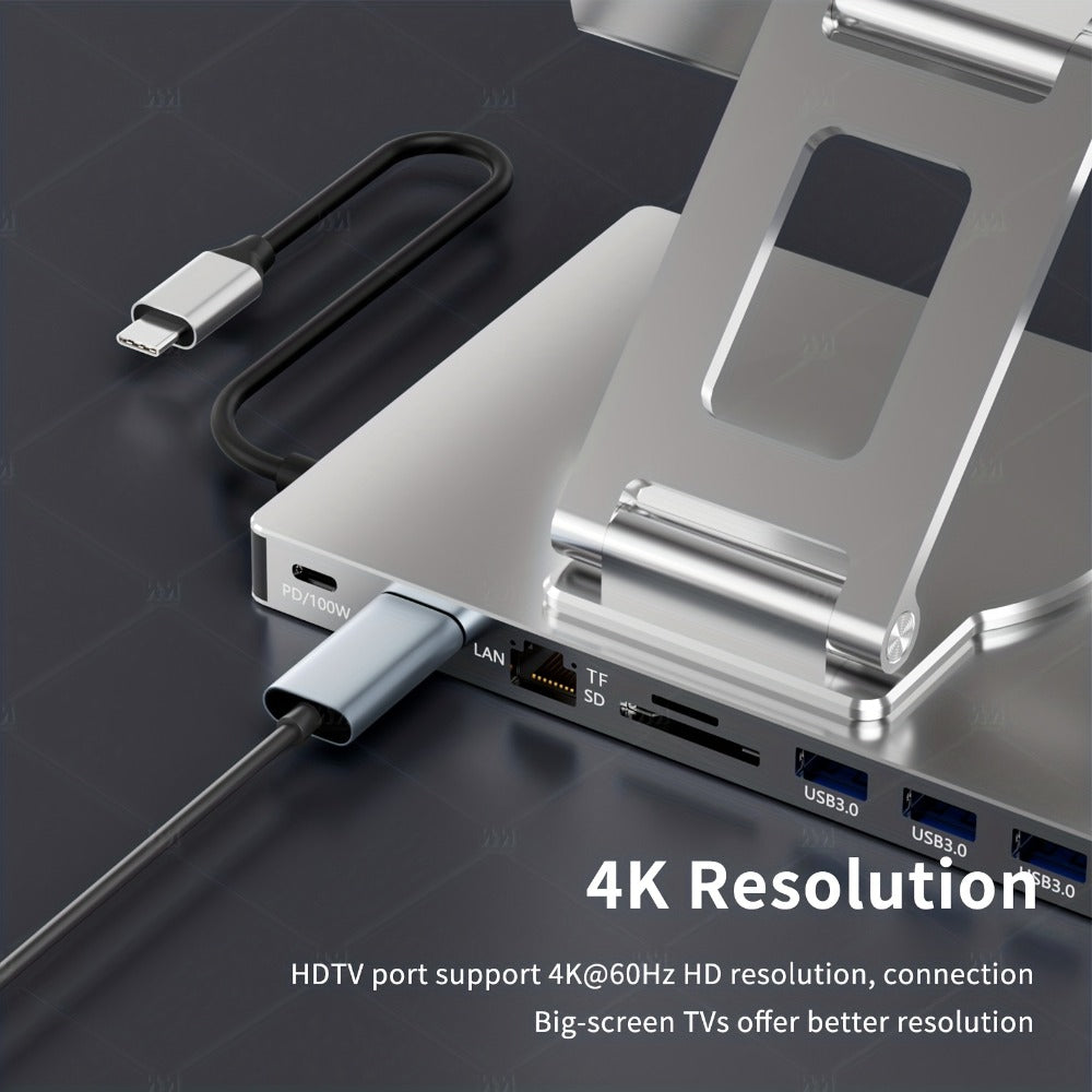 iPad Phone Rotating Stand Docking Station, 4K 60Hz HDMI, Gigabit Ethernet, 100W PD, USB 3.0 Hub, SD/TF Card Reader