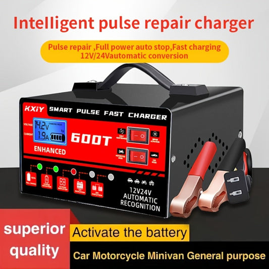 Smart Battery Charger 12V/24V with Pulse Repair & LCD Screen – Trickle Charger & Maintainer for Car, Truck, Motorcycle, Boat, Lawn Mower