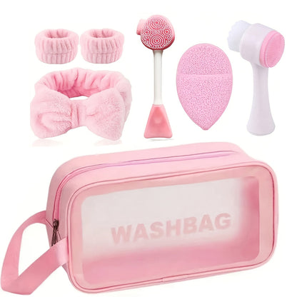Face Cleansing Brush Set 7pcs Spa Skincare Kit – Mask Brush Scrub Brush Detailing Brush Velvet Headband & Wash Bag