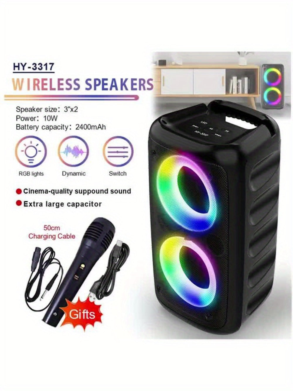 Wireless Bluetooth Speaker with Color LED Lights, MOKiN KTS-1265 Portable Party Speaker, Bass Boost