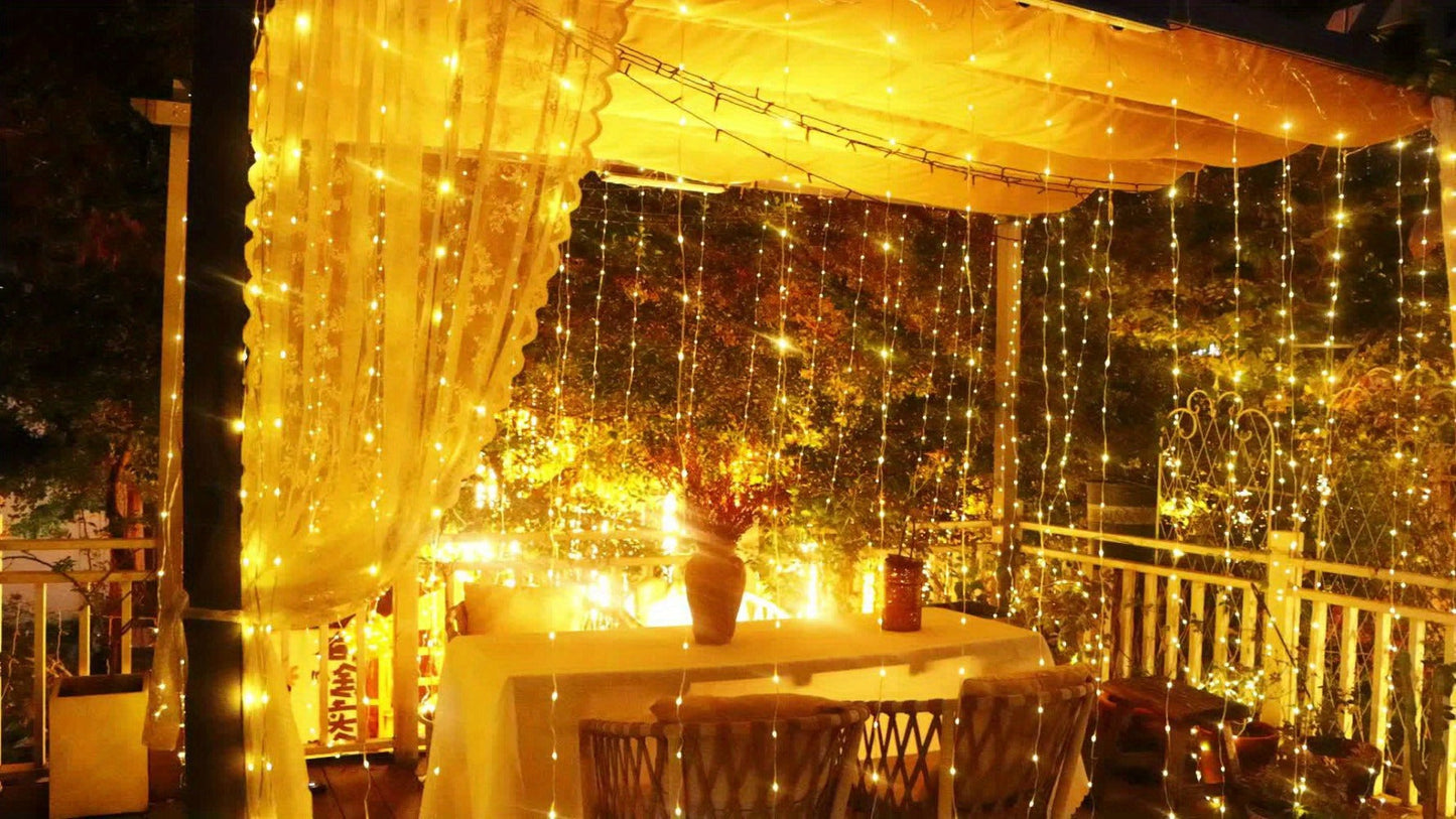 String Lights, 330-LED Waterfall Curtain Panel with Battery Power, Remote, Eight Modes and Three Colors