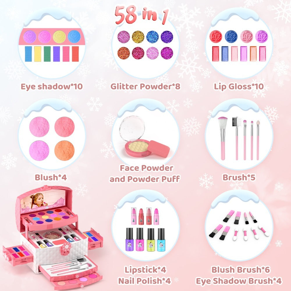 Princess Makeup Set for Girls Ages 3-12, 58 PCS Pretend Play Makeup Kit with Brushes & Case, Skin-Friendly Beauty Toy