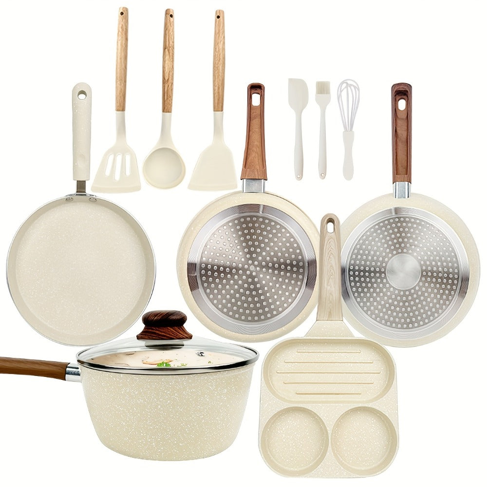 Cookware Set ABKOK 7-, 12- or 15-Piece Beige Pots and Pans with Lids, Steamer and Utensils