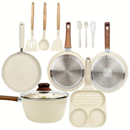 Cookware Set ABKOK 7-, 12- or 15-Piece Beige Pots and Pans with Lids, Steamer and Utensils