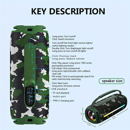 Portable Cylindrical Speaker in Black, Blue or Green with Carry Handle, Dual Light Bars and End-Ring Lighting