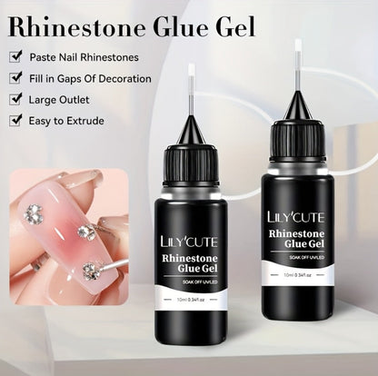 Nail Rhinestone Adhesive Gel 2pcs 0.34oz Clear Sticky Glue for 3D Nail Art Gems Charms Crystals Drill Jewelry