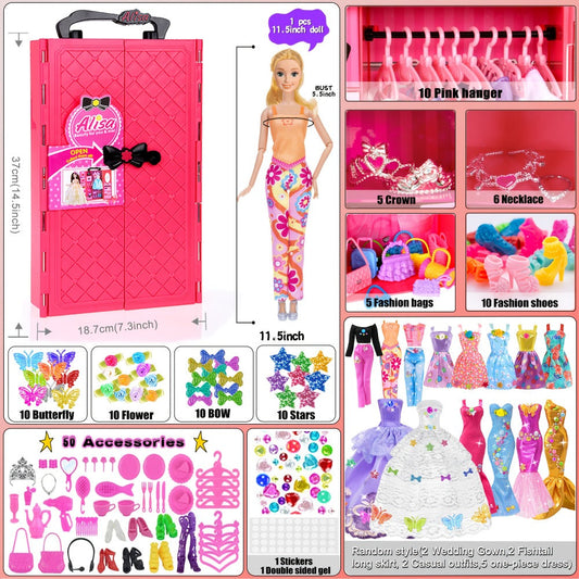 139-Piece Rose Doll Wardrobe and Accessory Case for 11.5-Inch Dolls with Dresses, Shoes and Stickers