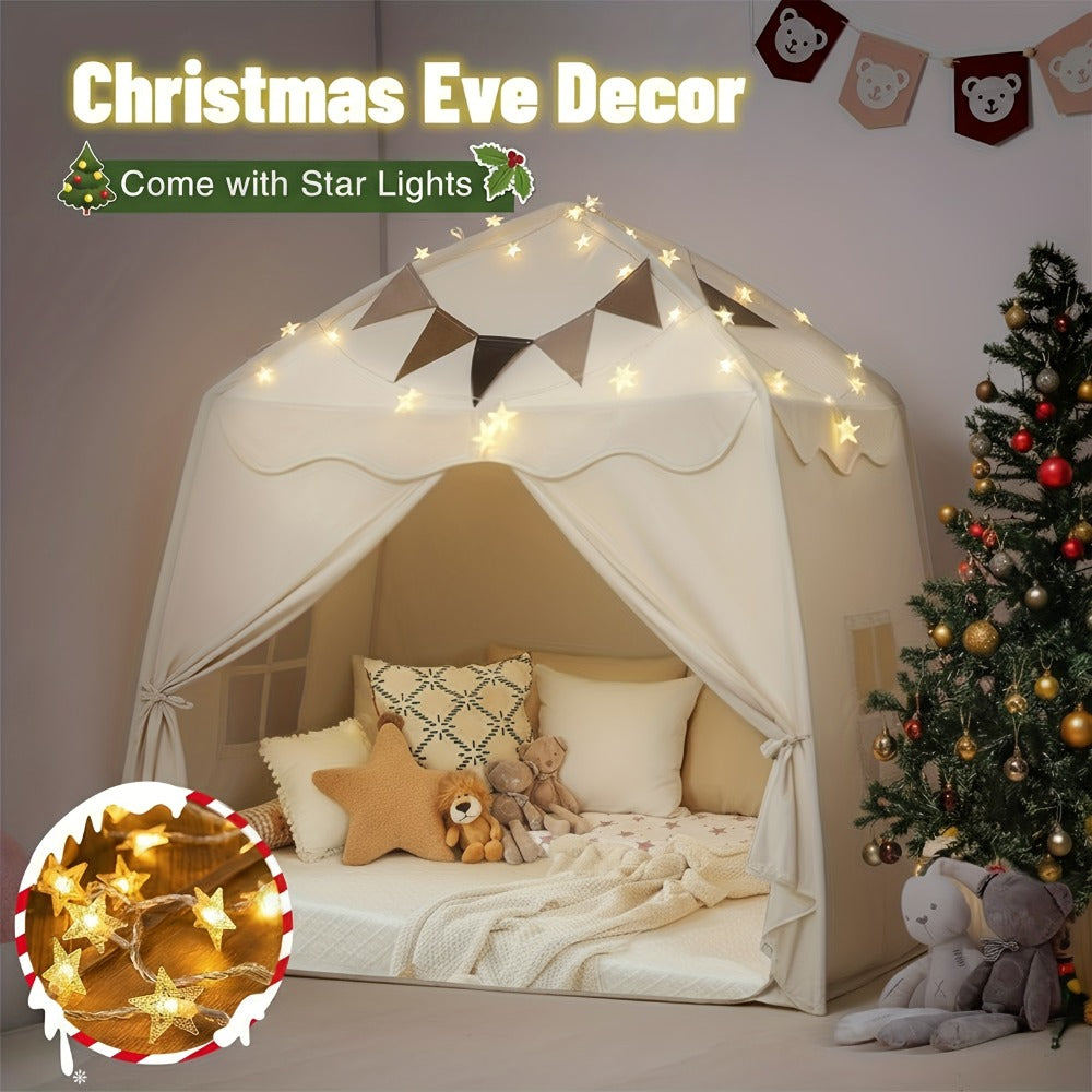 Kids Play Tent with Star Lights & Flags, Extra Large Indoor Outdoor Playhouse with Windows for Reading & Pretend Play