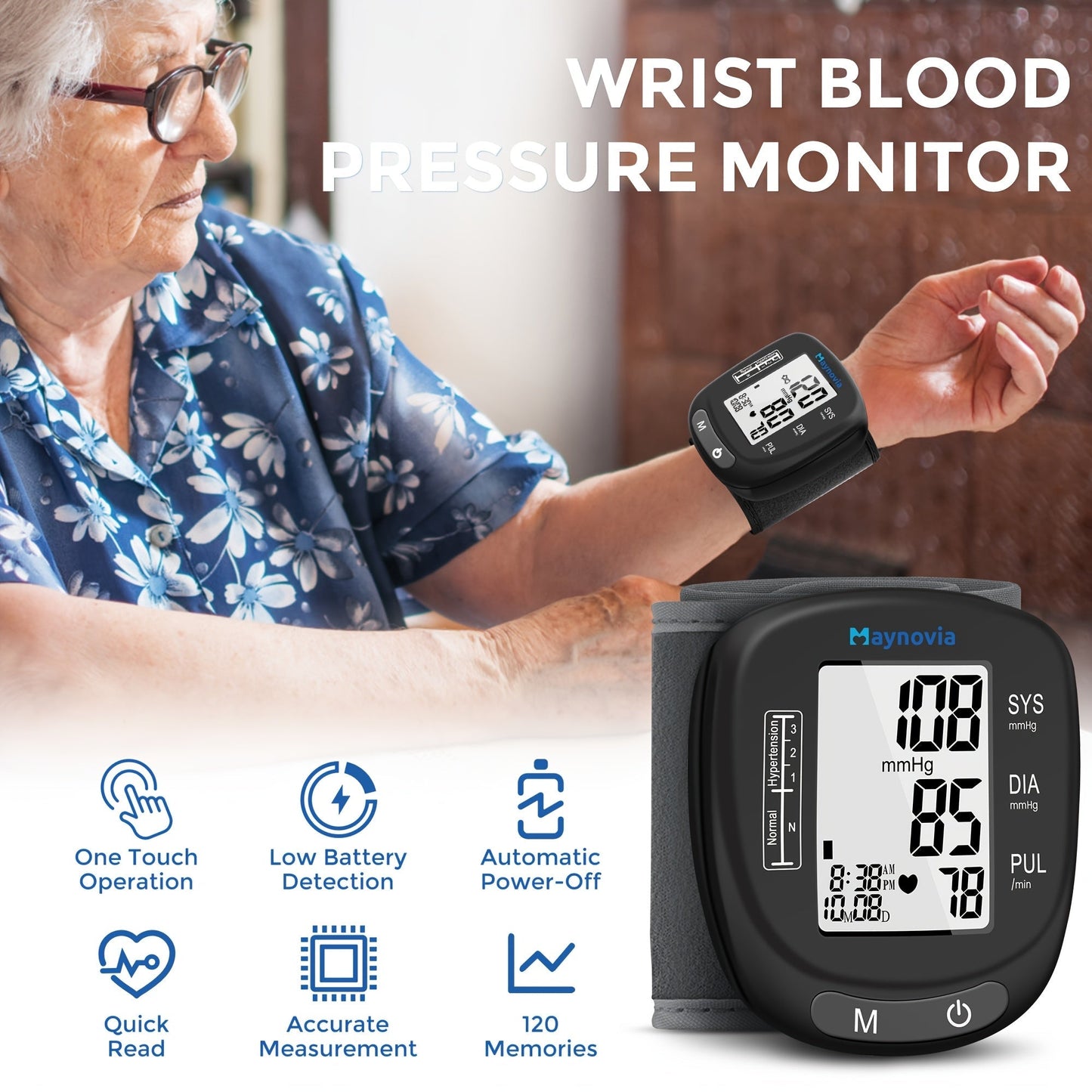 Blood Pressure Monitor Wrist Cuff with Oximeter Fingertip, Digital BP Machine Home Use, 120 Memory