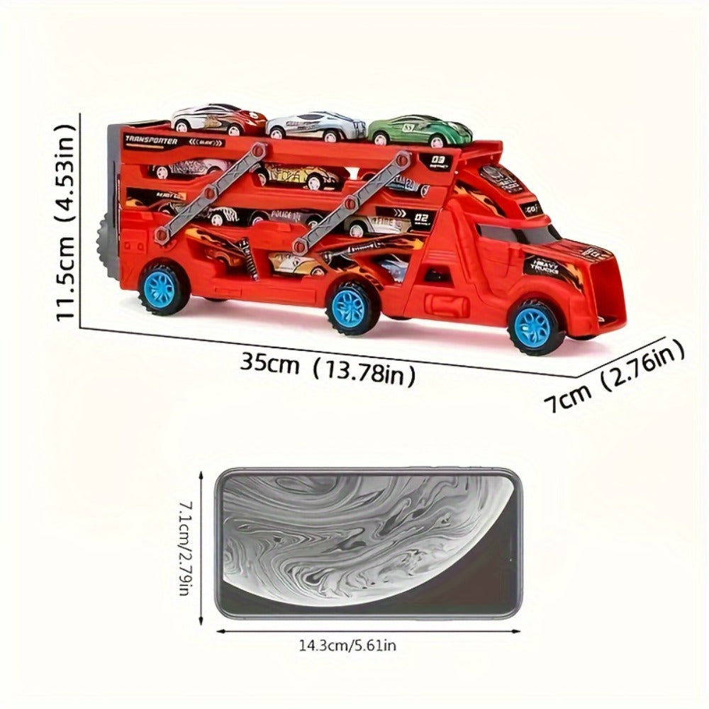 Transforming Launcher Truck Playset with 8 Alloy Cars, Foldable Storage Transporter Toy, Car Carrier Truck with Launch Ramp