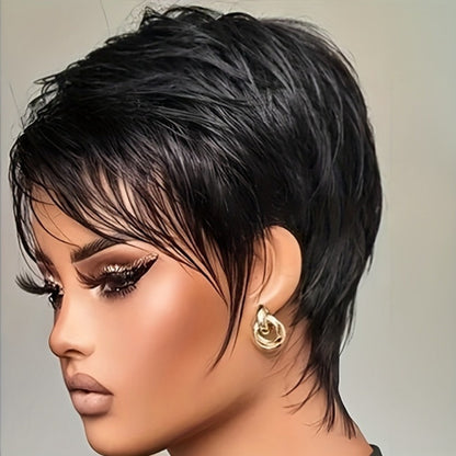 Layered Pixie-Cut Human Hair Wig with Bangs, Full Black Cap and Short 6-Inch Layered Hair Style