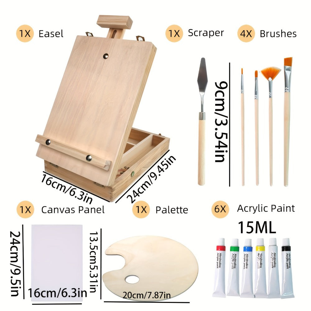 14-Piece Portable Painting Box Set with Adjustable Tabletop Easel, Canvas, Brushes and Palette Knife