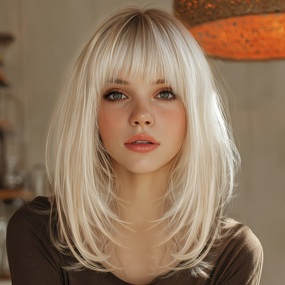 Synthetic Wig 14-Inch White Golden Straight Style with Full Bangs and Glueless Rose Net Cap