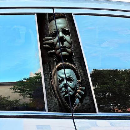 Two-Piece Masked Figure Car Window Decal Set with Stacked Black-and-Gray Horror Portrait Panels